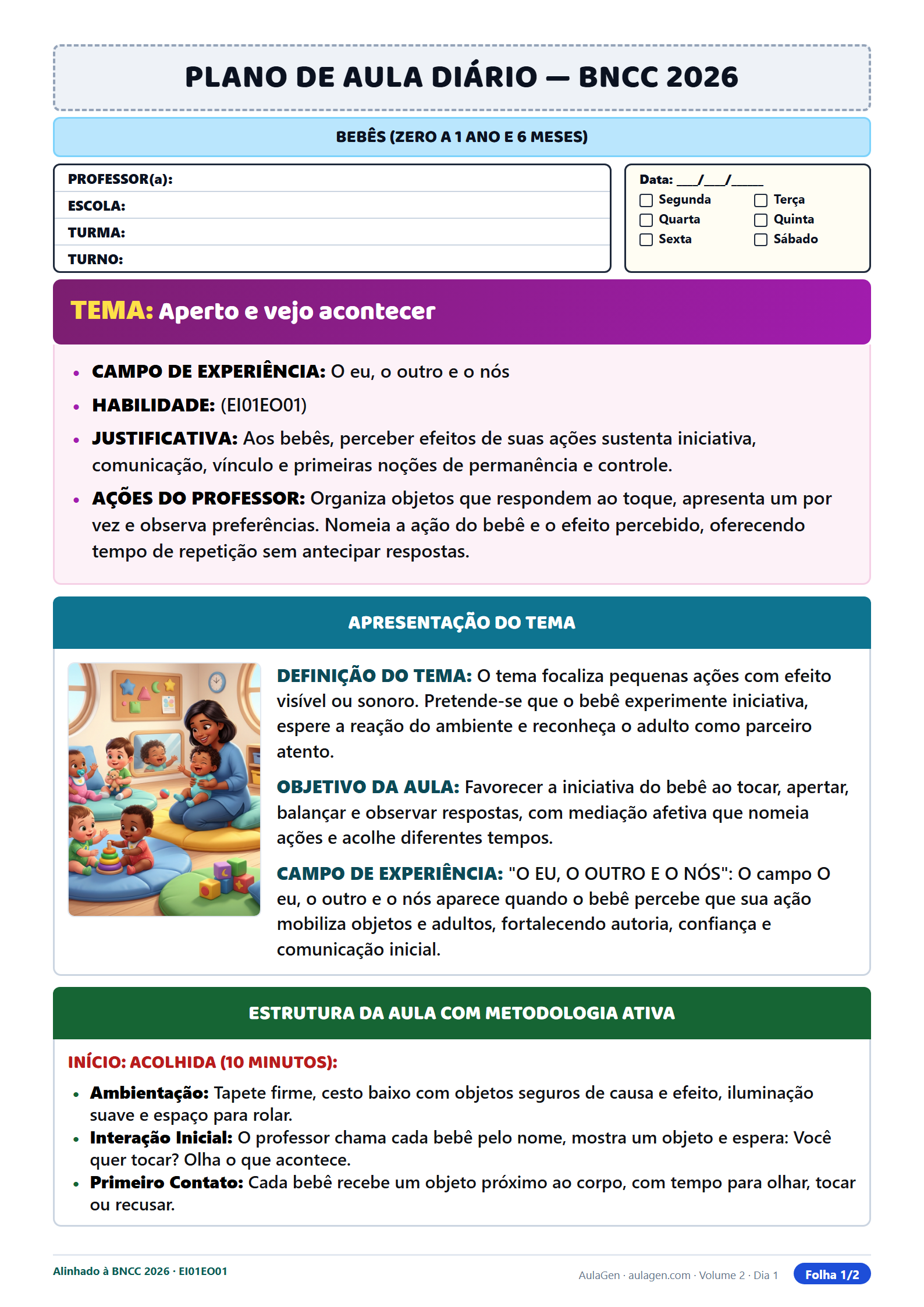 Plano diário com materiais e registro do professor (Berçário)