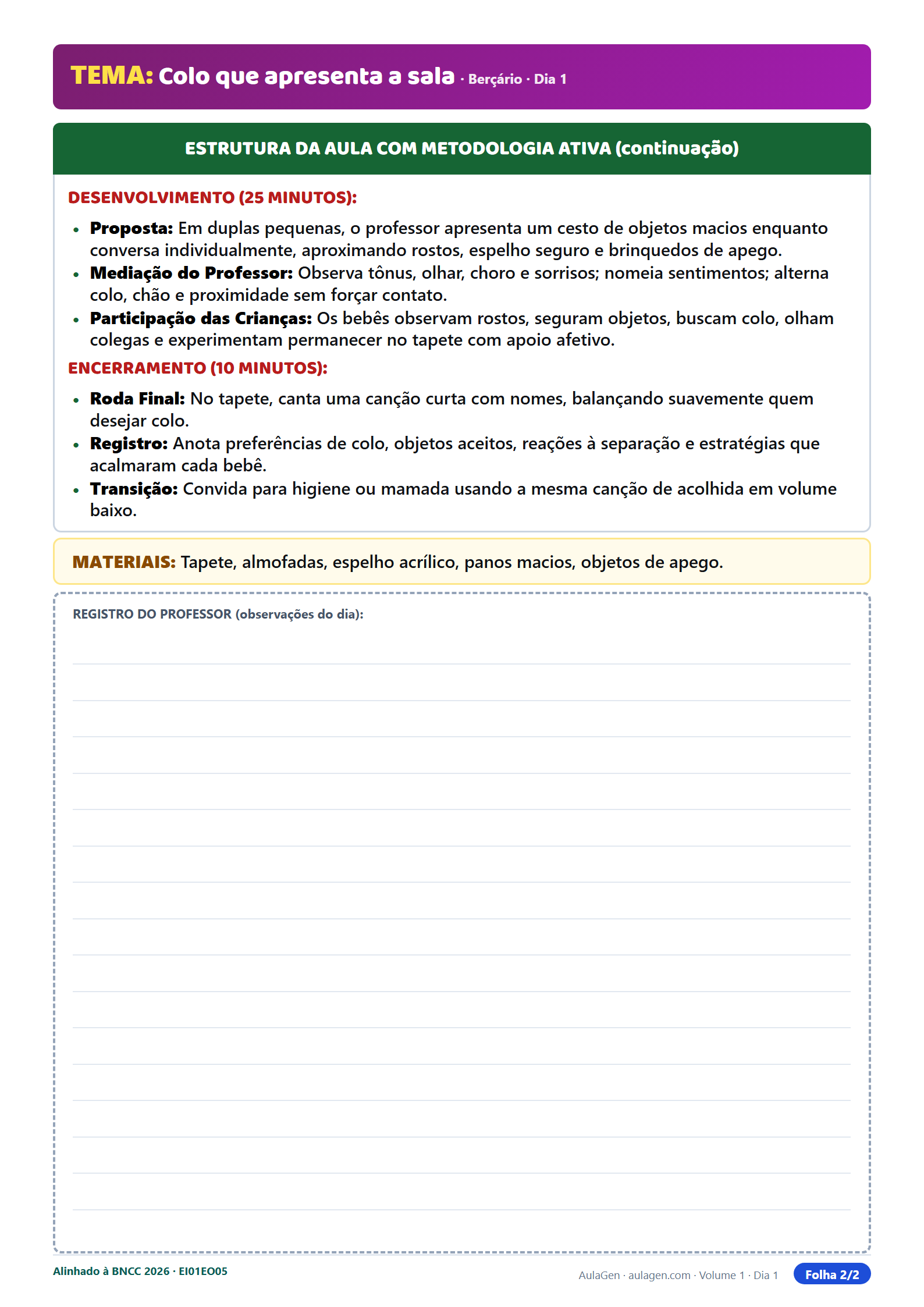 Folha 2: desenvolvimento, encerramento e registro do professor (Berçário)