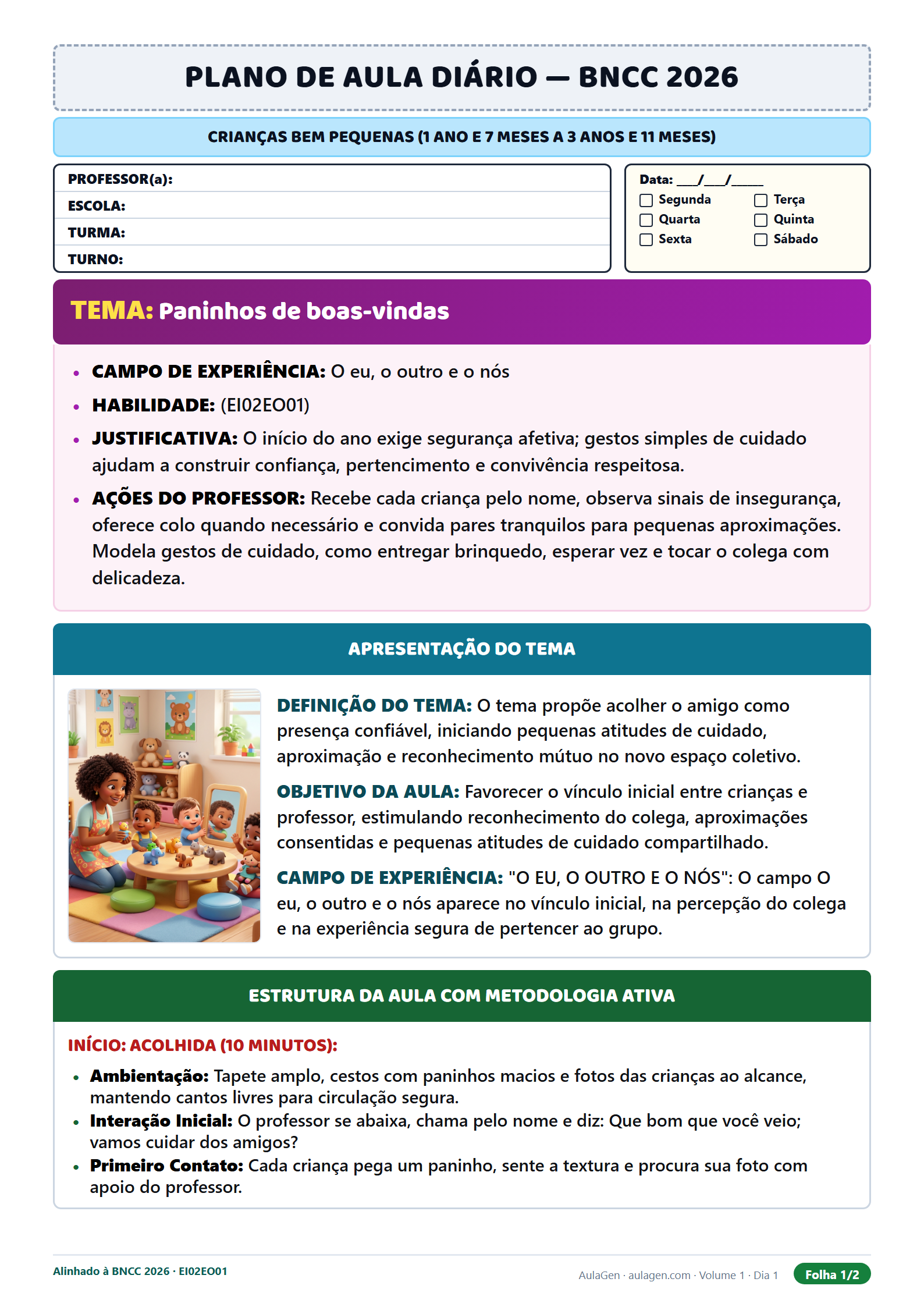 Plano diário completo para Maternal: acolhida, atividade e encerramento