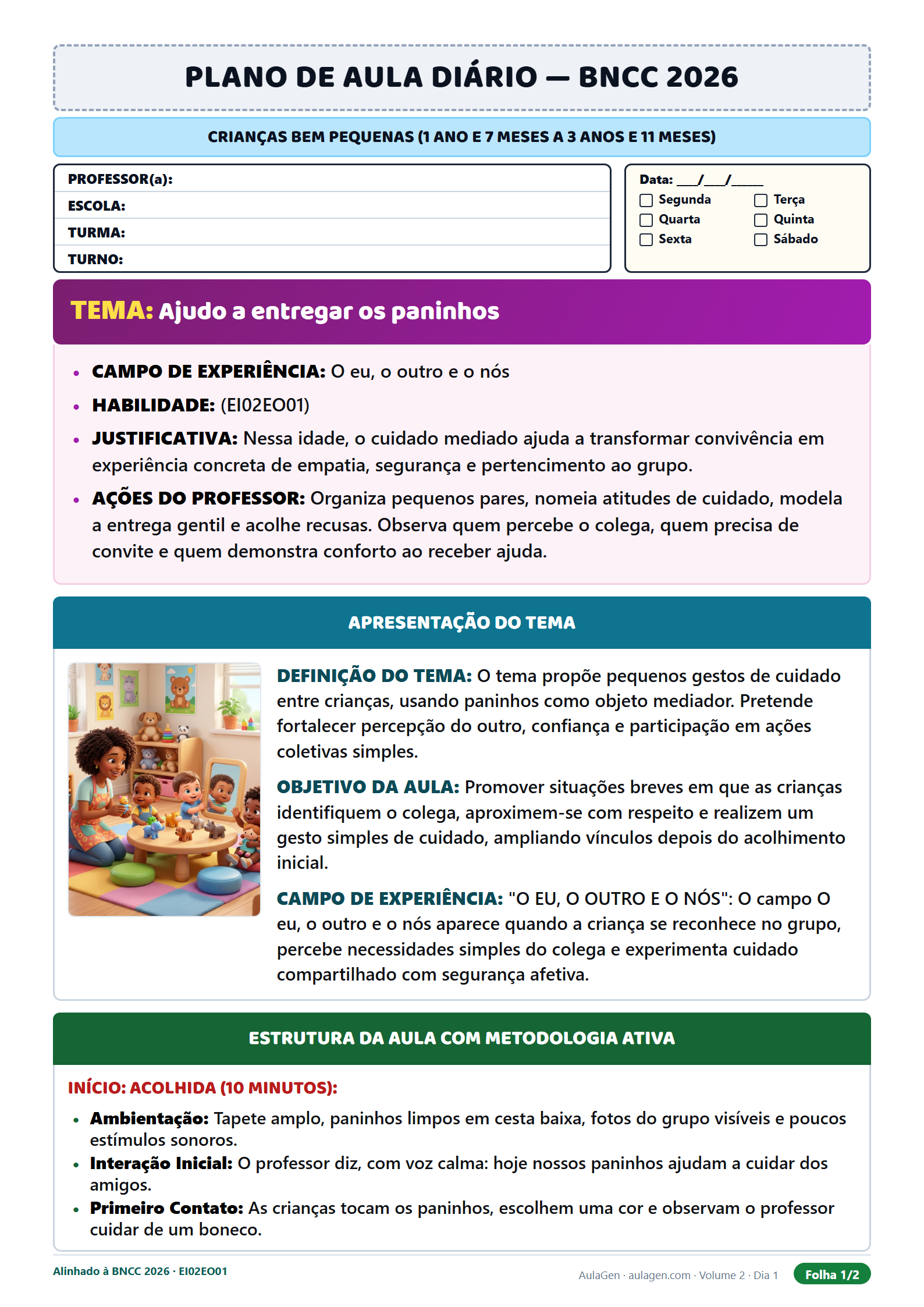 Plano diário com materiais e registro do professor (Maternal)