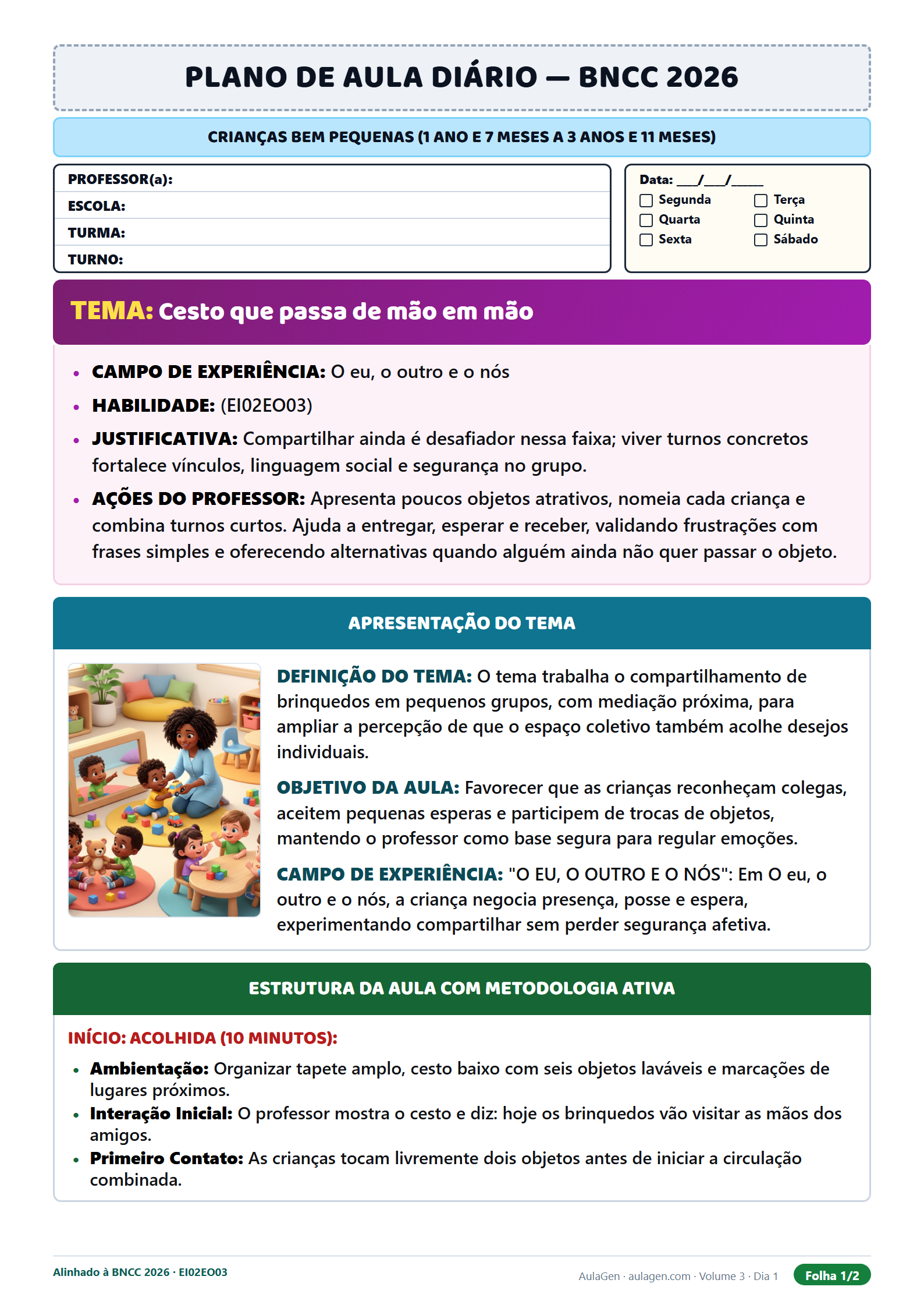 Plano diário alinhado à BNCC para Maternal