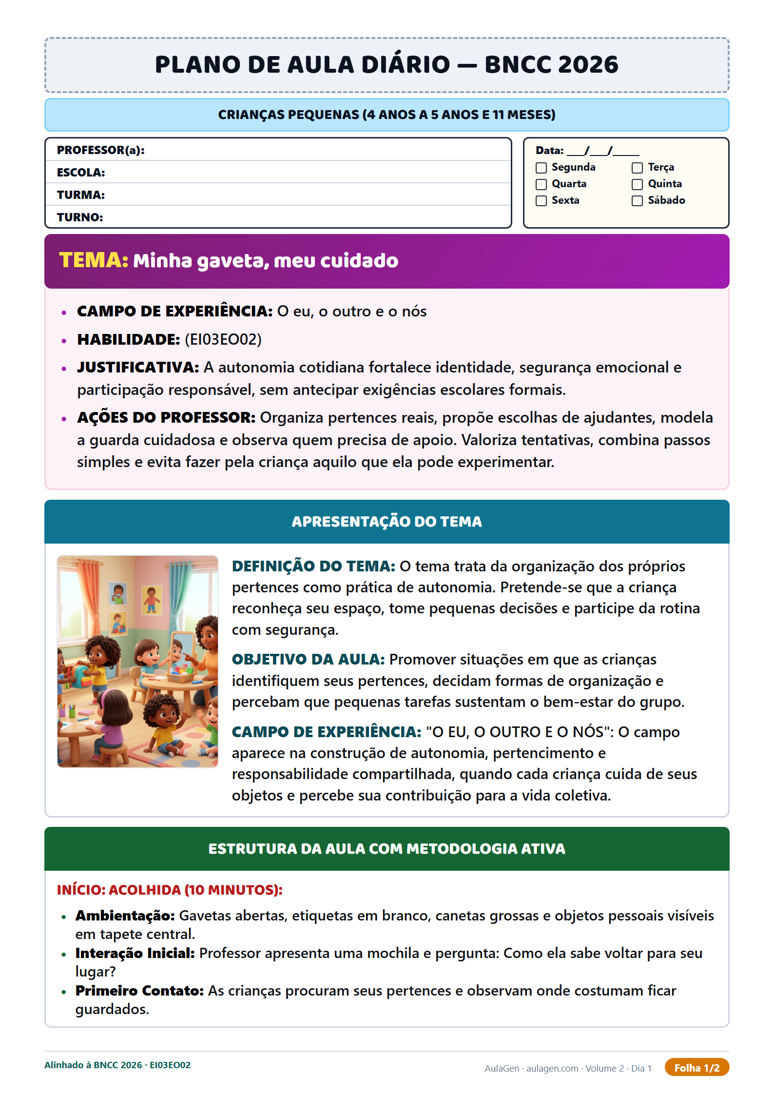 Plano diário com materiais e registro do professor (Pré-escola)