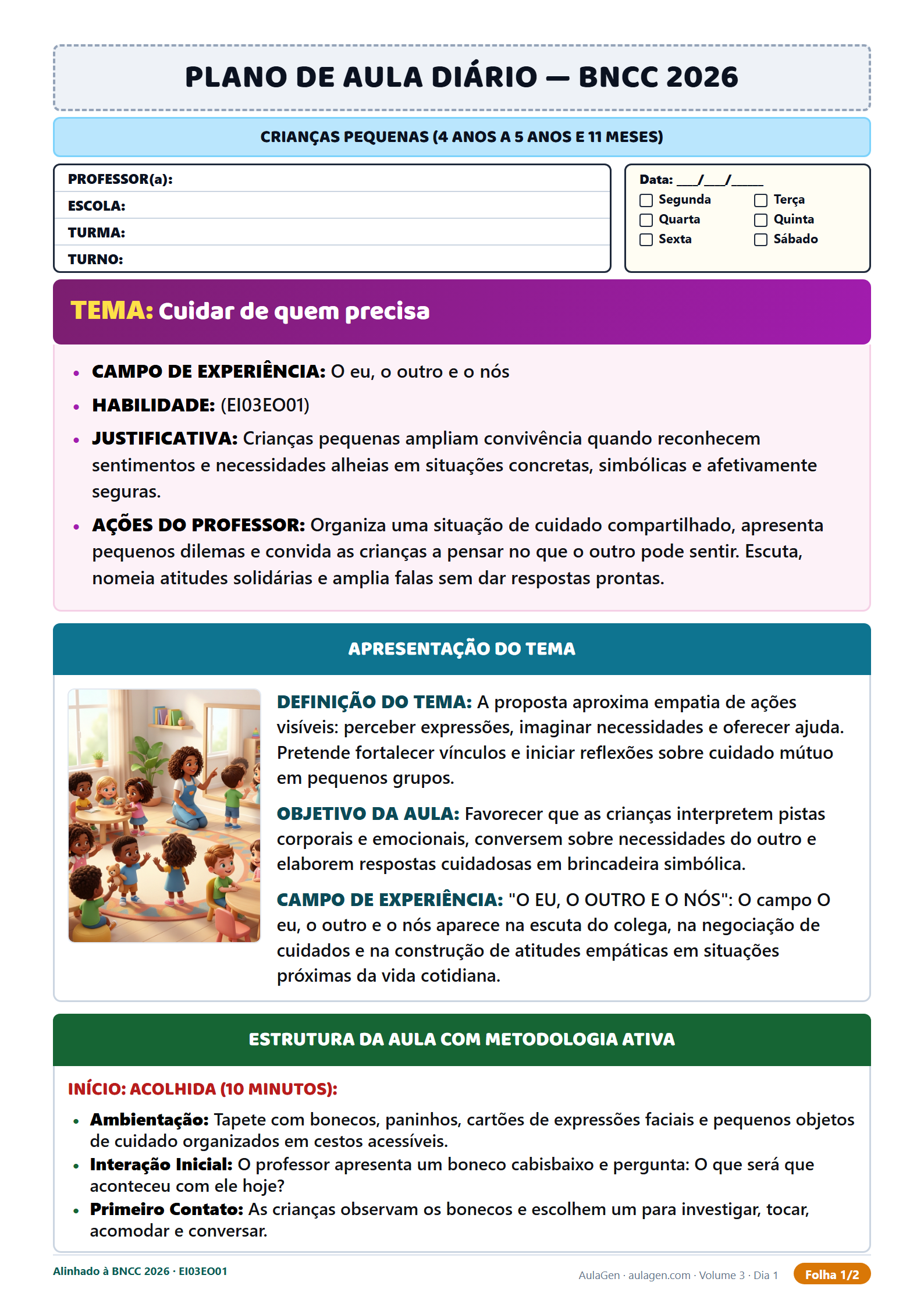 Plano diário alinhado à BNCC para Pré-escola