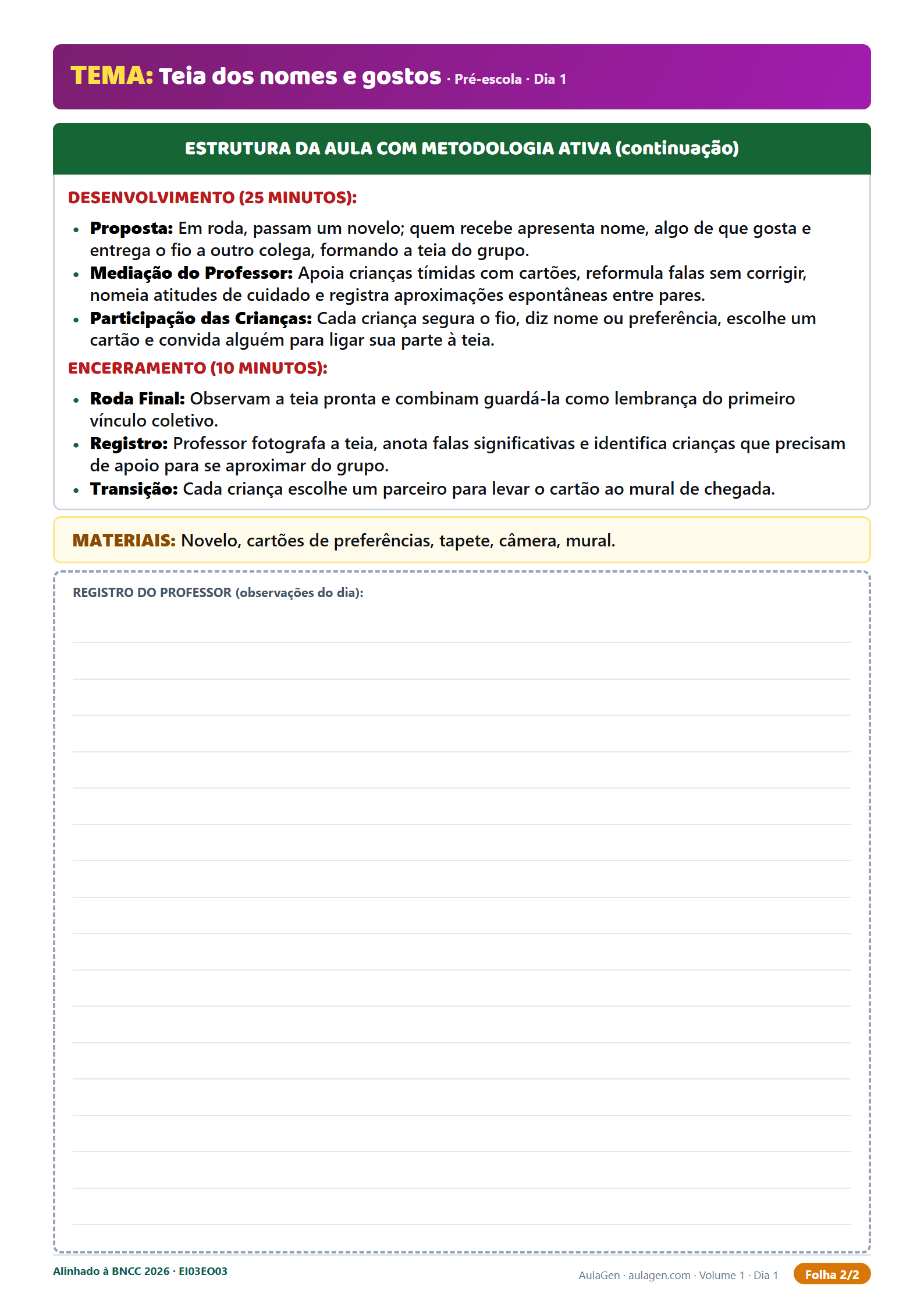 Folha 2: desenvolvimento, encerramento e registro do professor (Pré-escola)