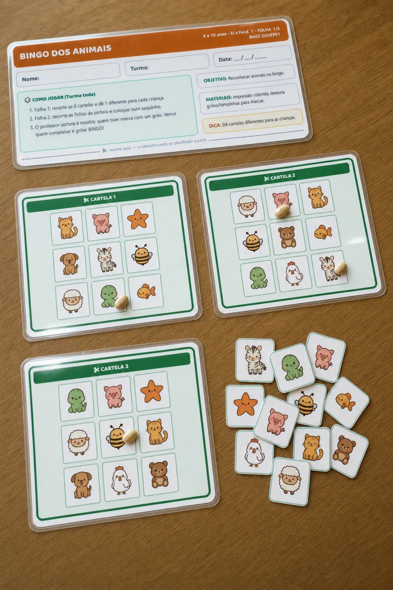 Bingo dos Animais plastificado com grãos marcando as cartelas
