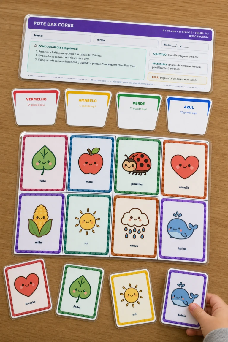 Pote das Cores plastificado com cartas sendo classificadas por cor