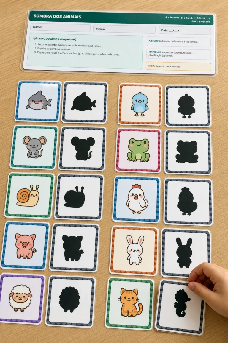 Sombra dos Animais plastificado, cartas coloridas e silhuetas