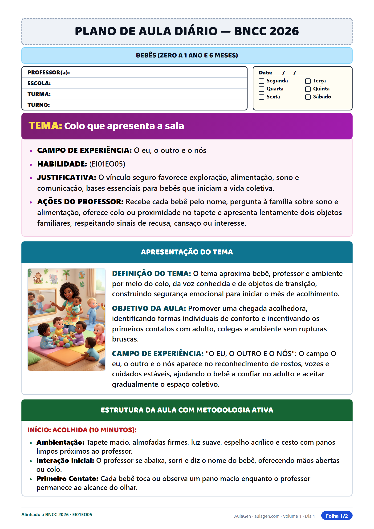 Plano diário de Berçário: acolhida, atividade e encerramento