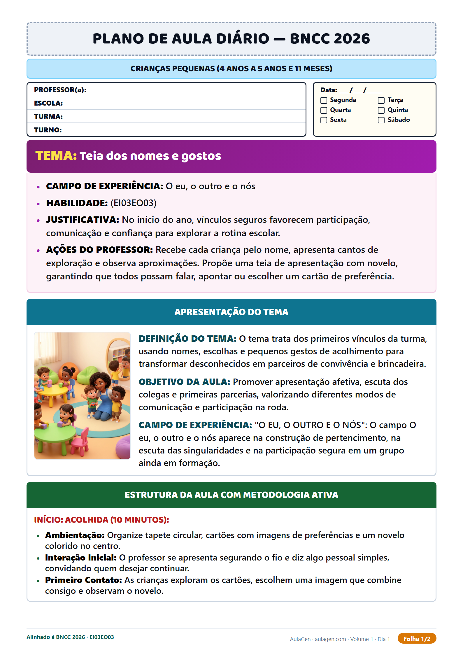 Plano diário de Pré-escola com materiais e registro