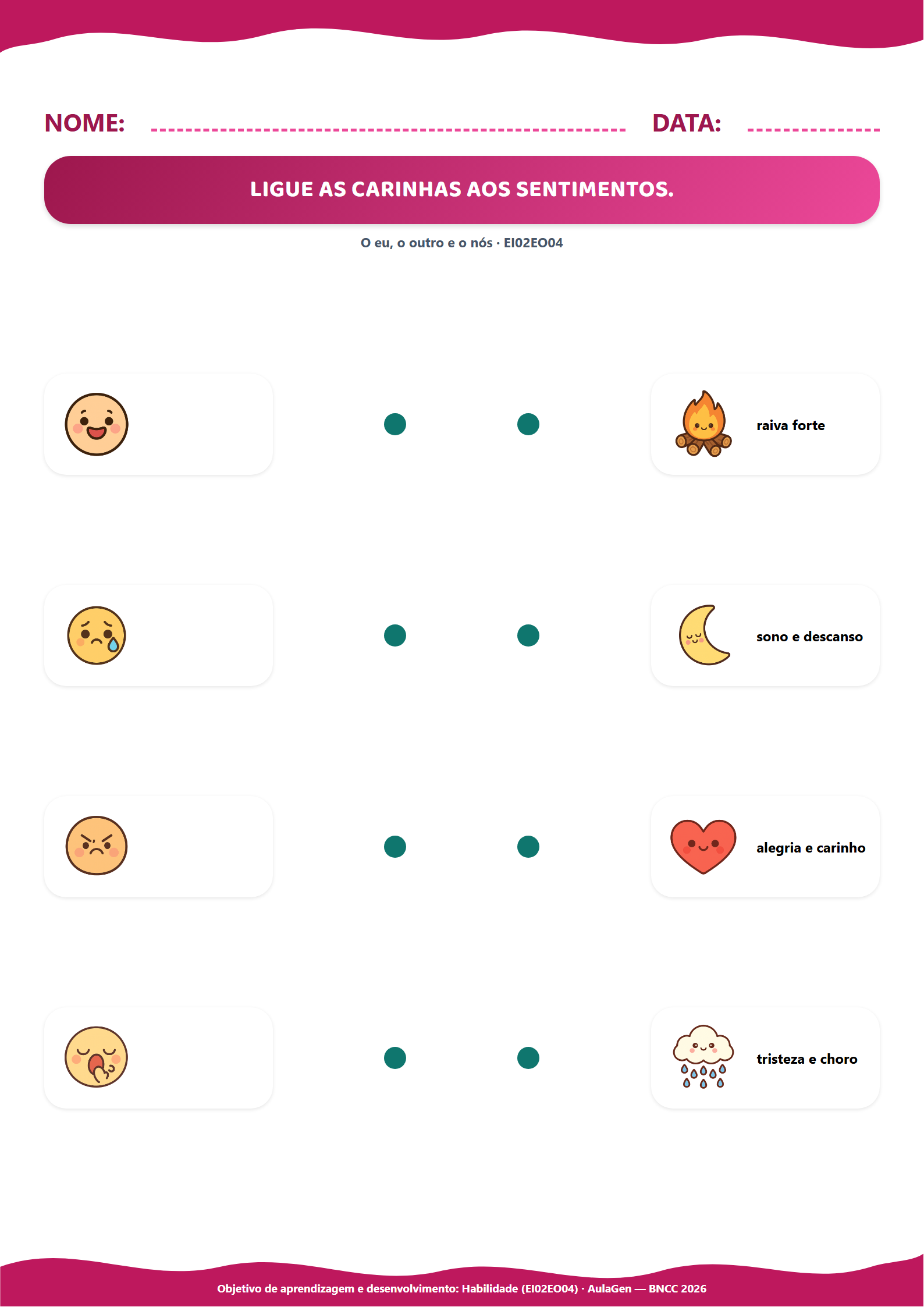 Atividade de emoções: ligue a carinha ao sentimento (Maternal)