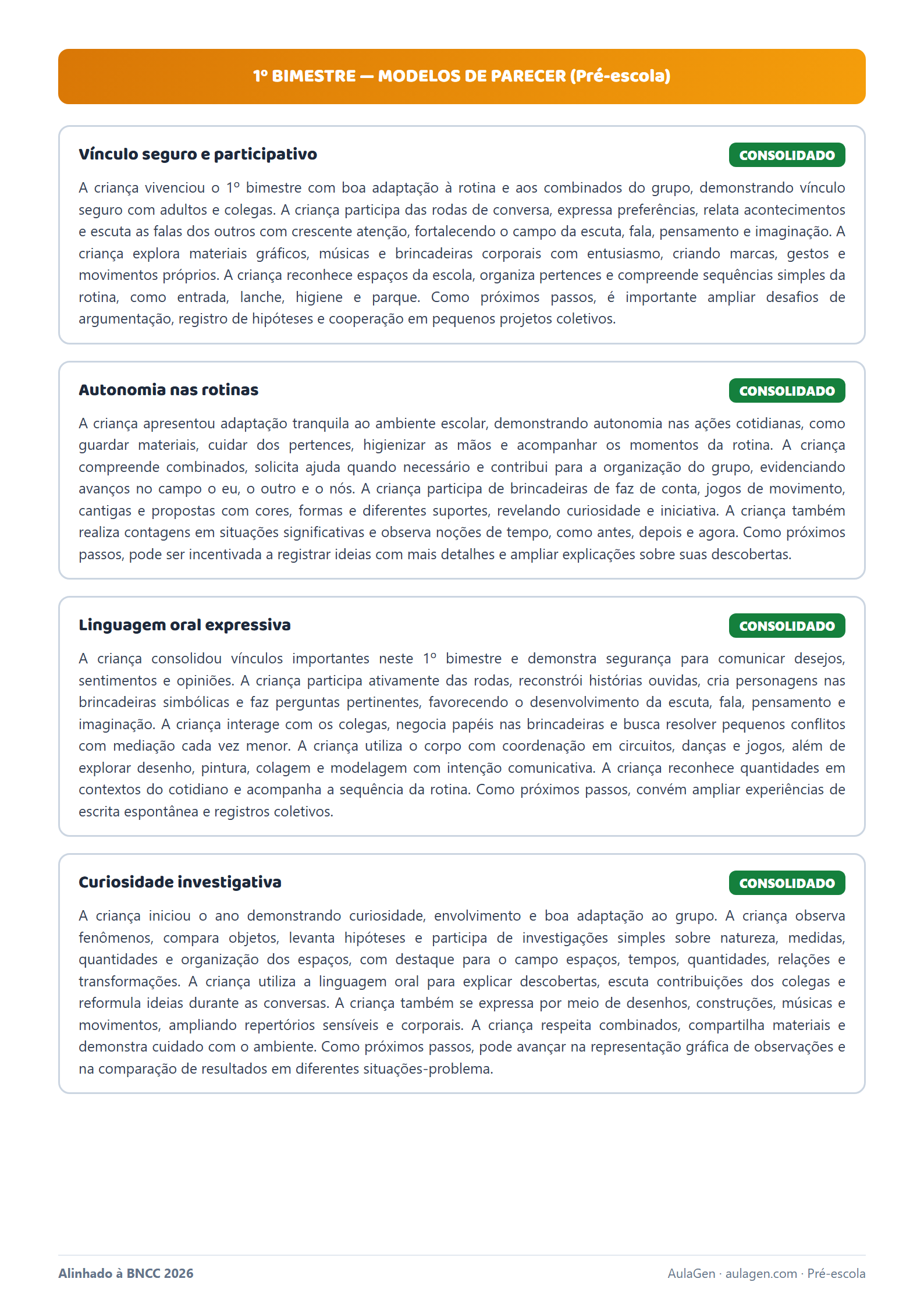 Visão consolidada por campo (avaliação/parecer)