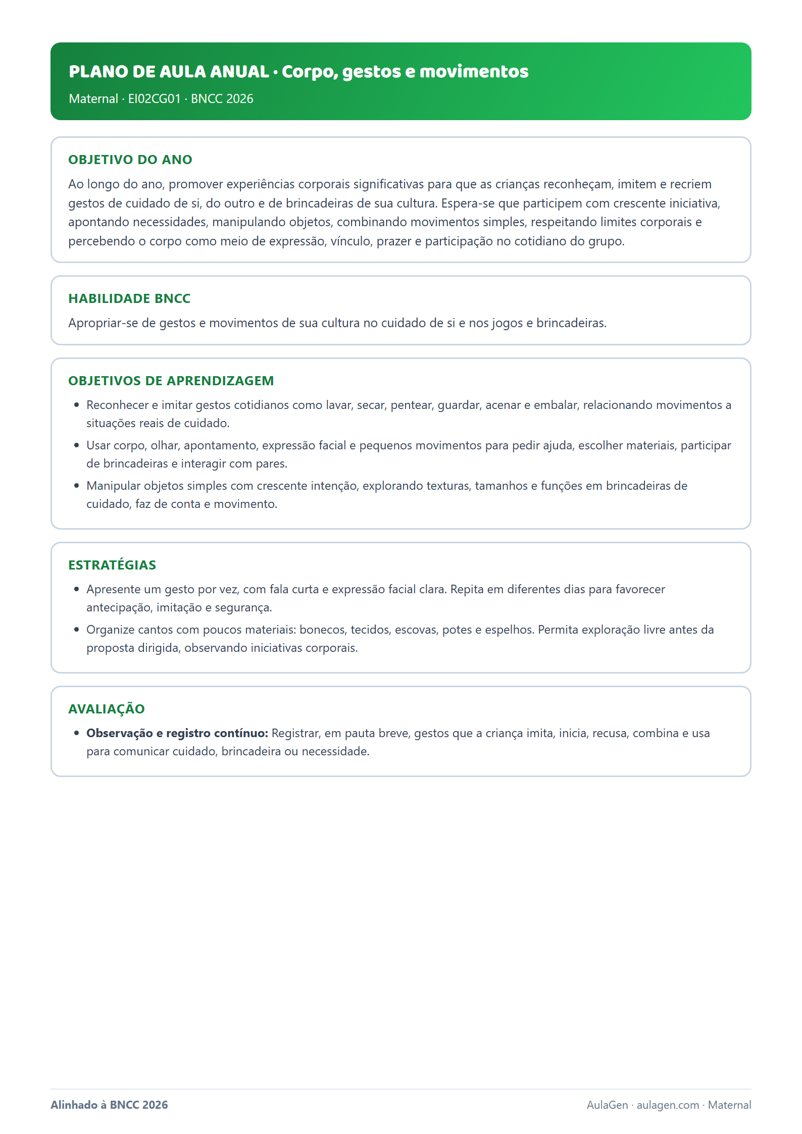 Plano anual de Corpo, gestos e movimentos (Maternal)