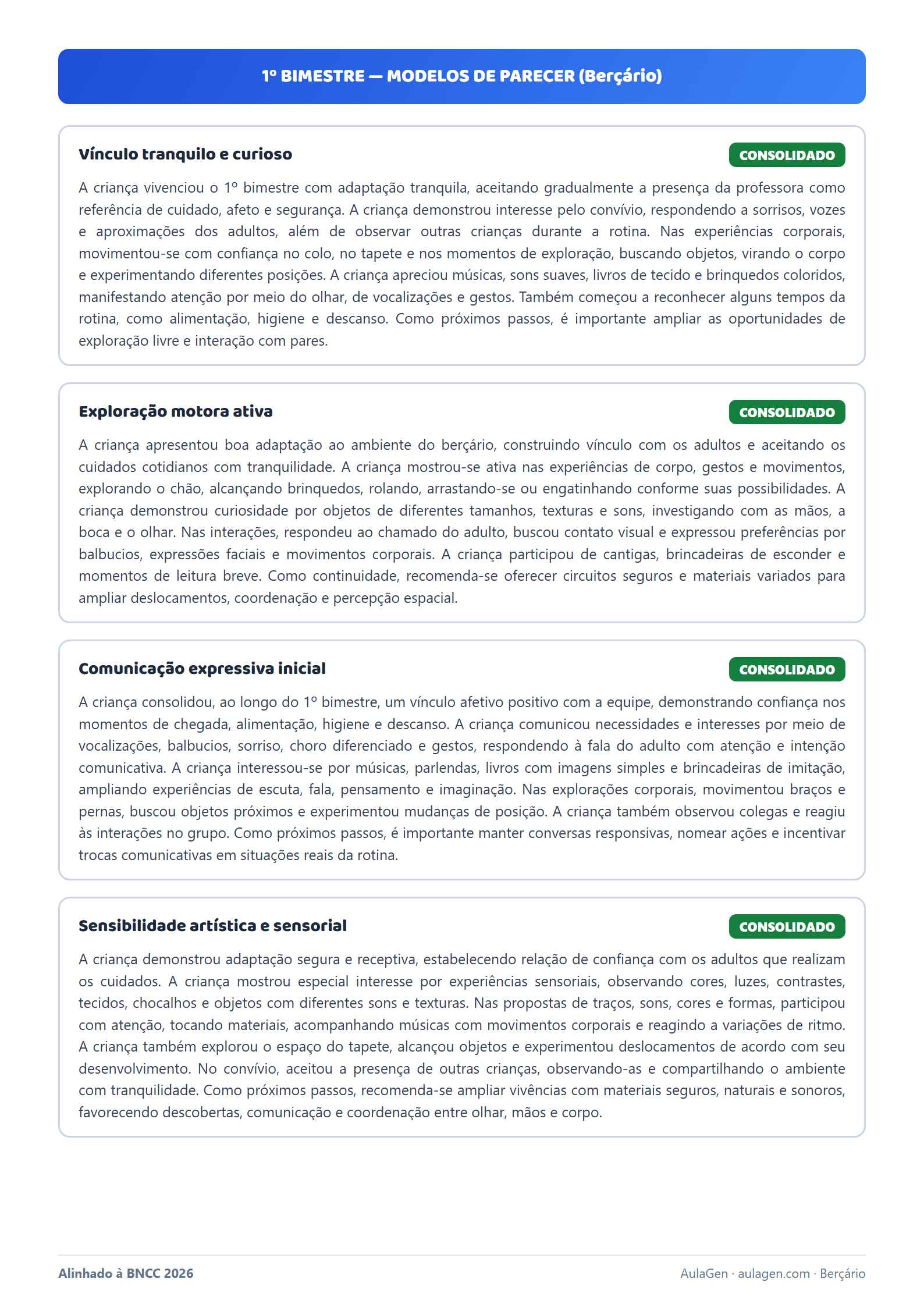 Modelos de parecer descritivo do 1º bimestre (Berçário)