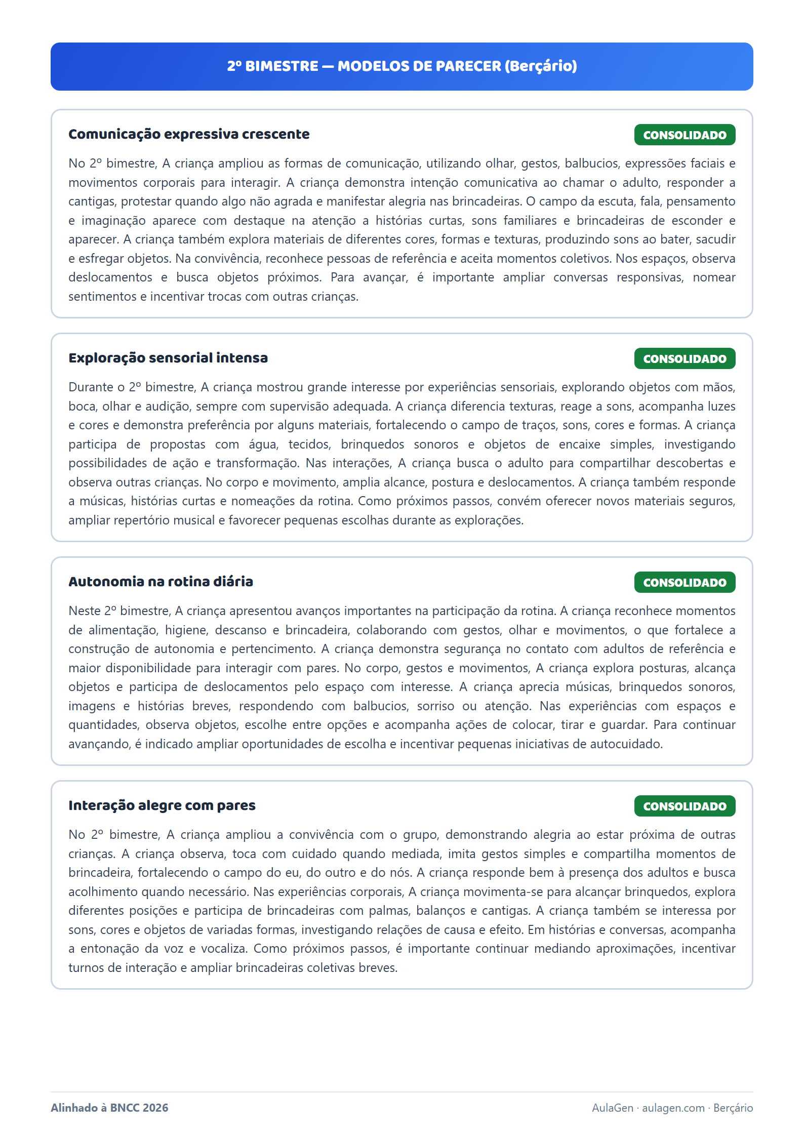 Modelos de parecer descritivo do 2º bimestre (Berçário)