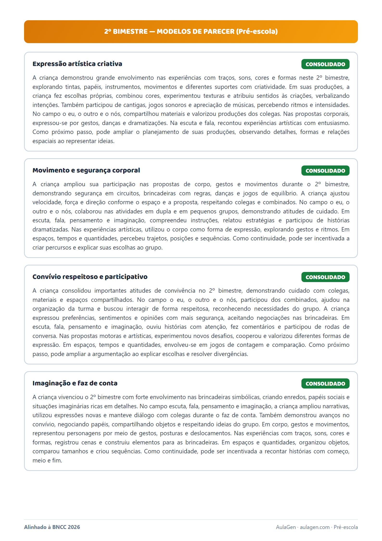 Modelos de parecer descritivo do 2º bimestre (Pré-escola)