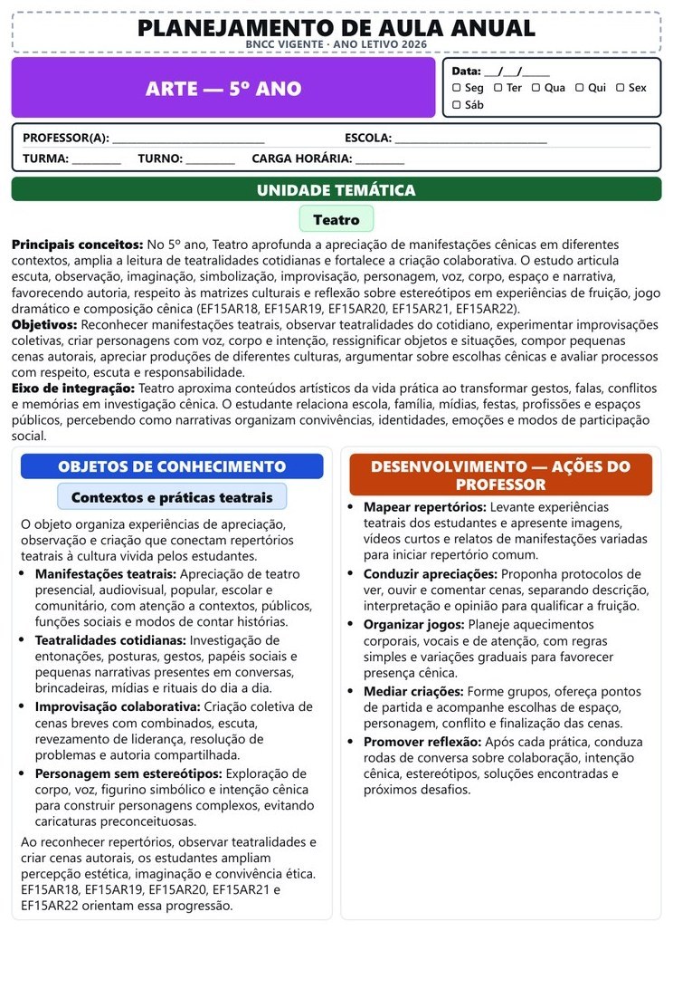 Planos e Atividades de Arte 1º-5º ano — página interna