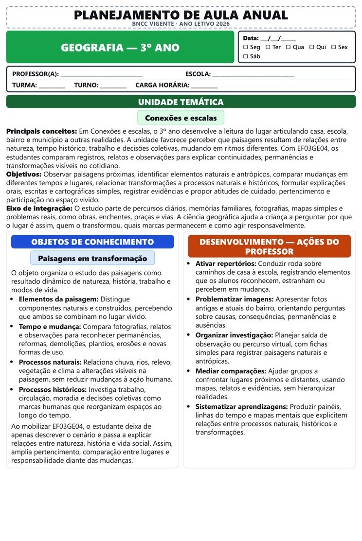 Planos e Atividades de Geografia 1º-5º ano — página interna