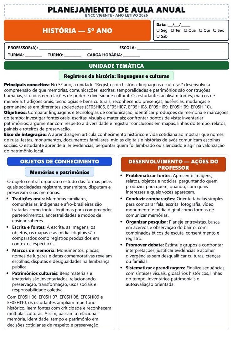 Planos e Atividades de História 1º-5º ano — página interna