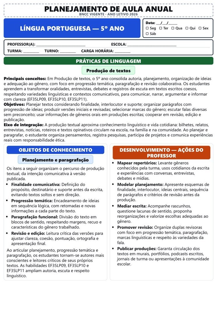 Planos e Atividades de Português 1º-5º ano — página interna